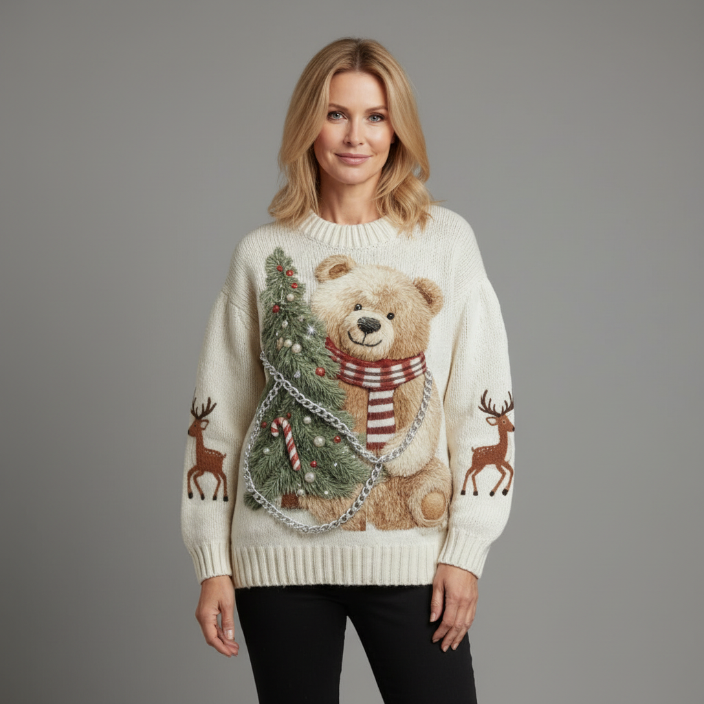 Vintage julegenser for kvinner med bjørn og tre