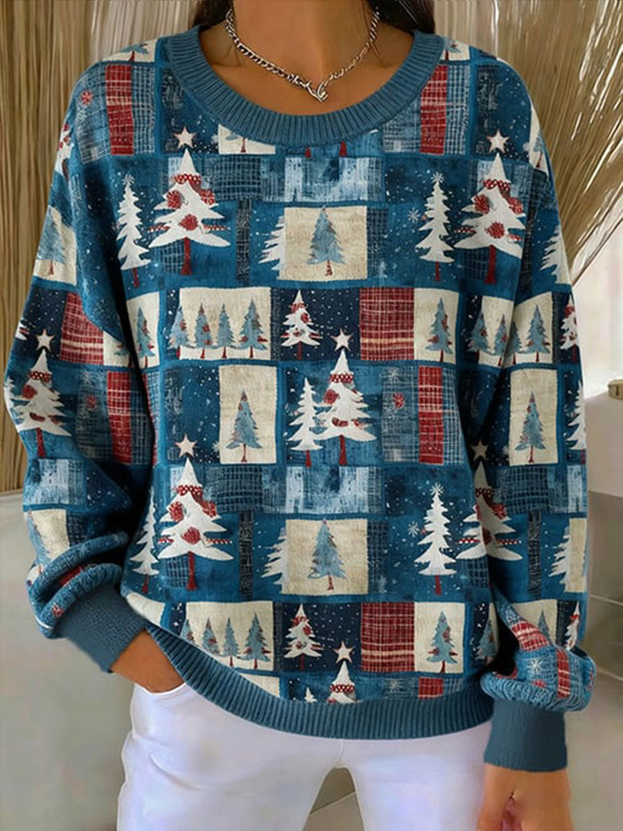 Sweatshirt Dame Ribbede Juletrær Rund Hals