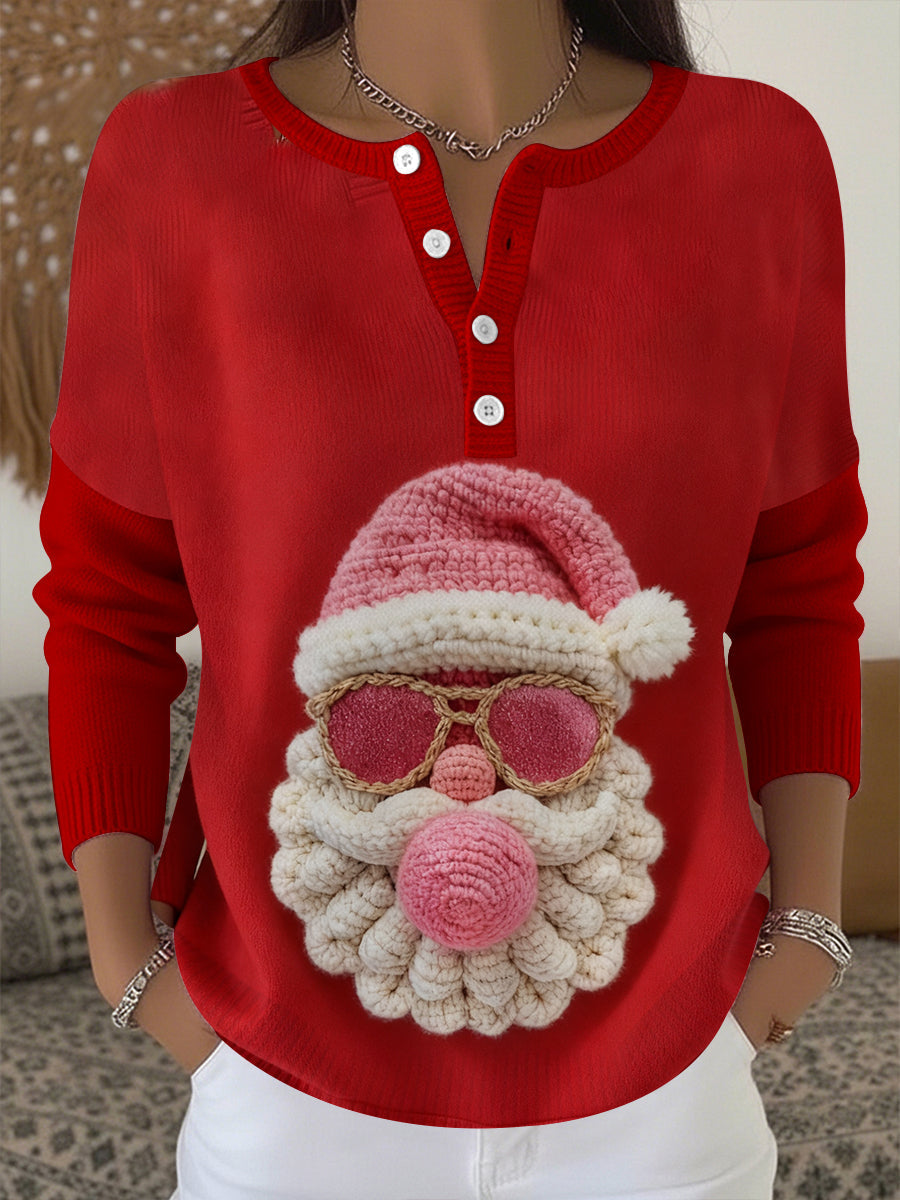 Trykt knappet topp med julenisse for kvinner