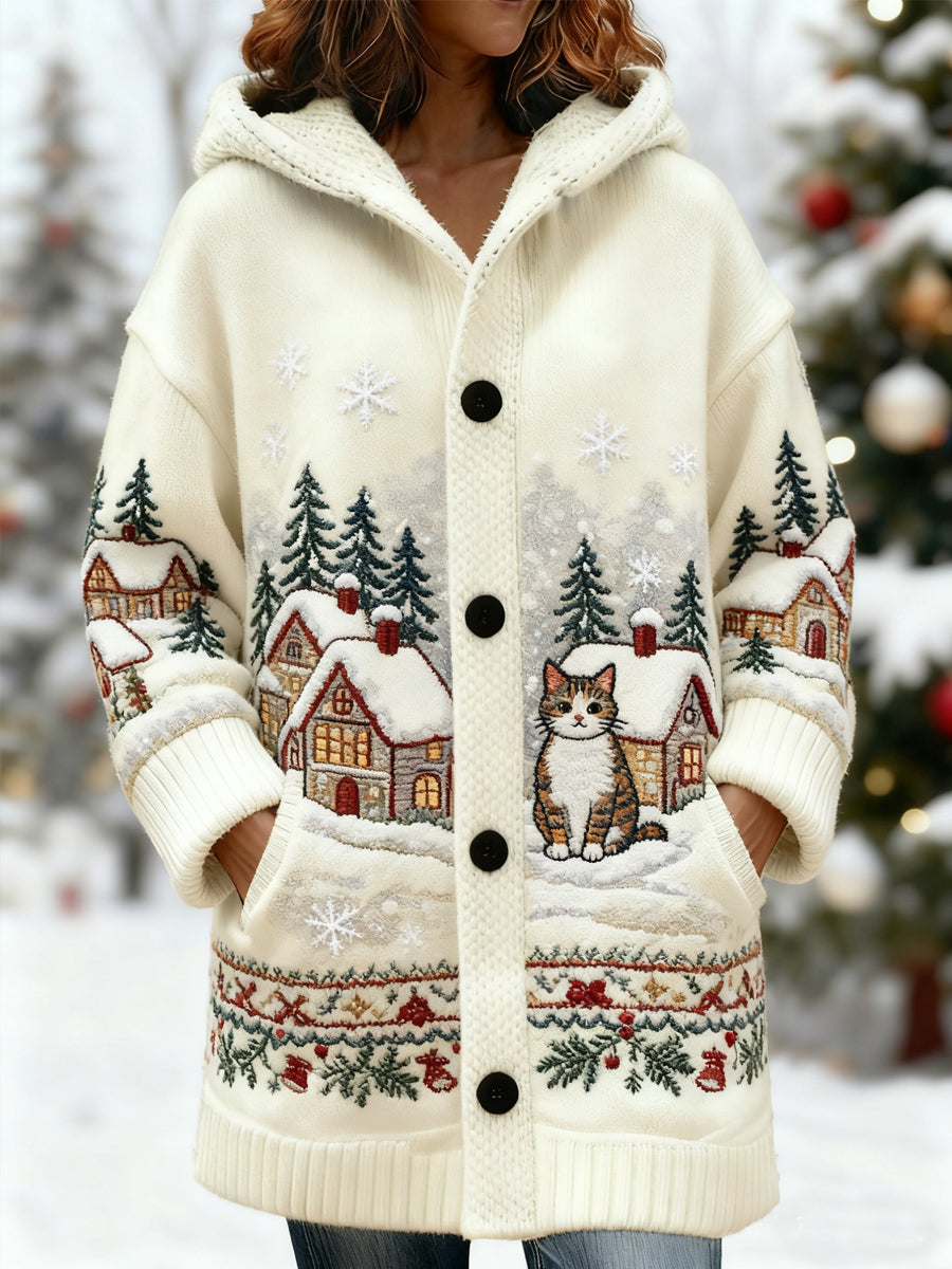 Femme Vintage Jul Søt Katt Snø Scene Trykk Casual Midtlengde Cardigan Med Hette